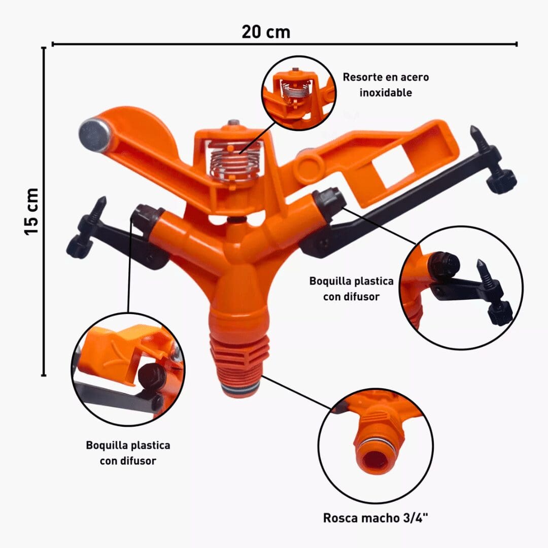 Aspersor Plastico Macho de 3/4", Dos Salidas con Boquillas Plasticas Y Cortachorros - Imagen 3